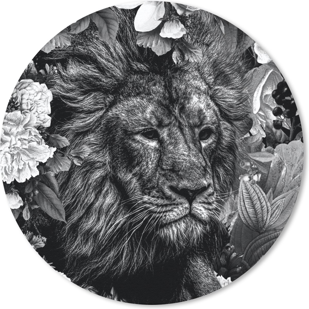 Muismat rond 20x20 cm - Mousepad Leeuw - Bloemen - Blad - Zwart - Wit - Ronde muismatten