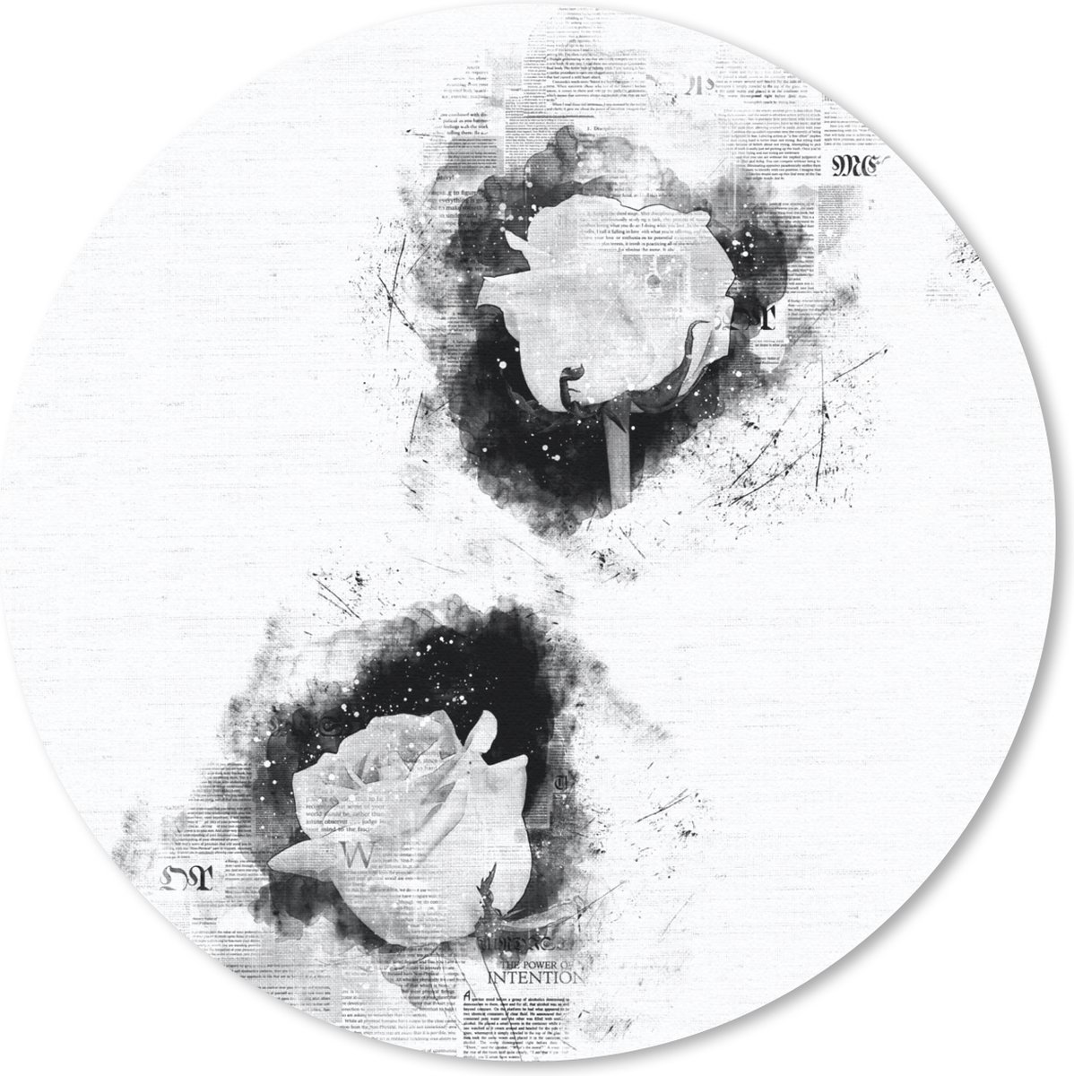 Muismat rond 20x20 cm - Mousepad Rozen - Bloemen - Rook - Krant - Zwart - Wit - Ronde muismatten