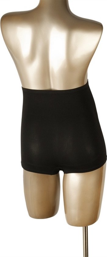 Achterkant van zwarte zwangerschaps boxershorts met hoge taille op een gouden mannequin.