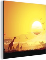 Wanddecoratie Metaal - Aluminium Schilderij Industrieel - Een illustratie van het Afrikaanse landschap met giraffen - 20x20 cm - Dibond - Foto op aluminium - Industriële muurdecoratie - Voor de woonkamer/slaapkamer