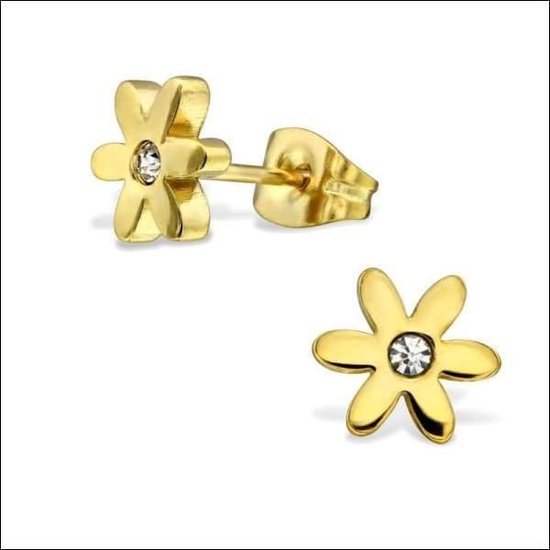 Aramat jewels ® - Oorbellen zweerknopjes bloem zirkonia goudkleurig staal 8mm