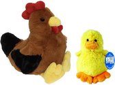 Peluche poules / coqs marron doudou de 25 cm avec poussin en peluche jaune 16 cm - Pâques / Décoration de Pâques
