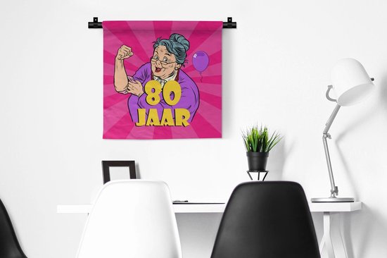 Wandkleed - Wanddoek - Verjaardag - Jubileum - Vrouw - 80 Jaar - 60x60 cm - Wandtapijt