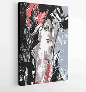 Schets van meisjeshoofd in abstract gekleurde penselen met zwarte en grijze achtergrond - Moderne schilderijen - Verticaal - 459354871 - 50*40 Vertical