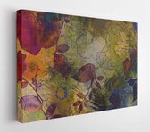 Kunst grafisch en aquarel herfst kleurrijke achtergrond met schetsen van bladeren en bloemen in blauwe, oude gouden, groene en zwarte kleuren - Modern Art Canvas - Horizontaal - 15