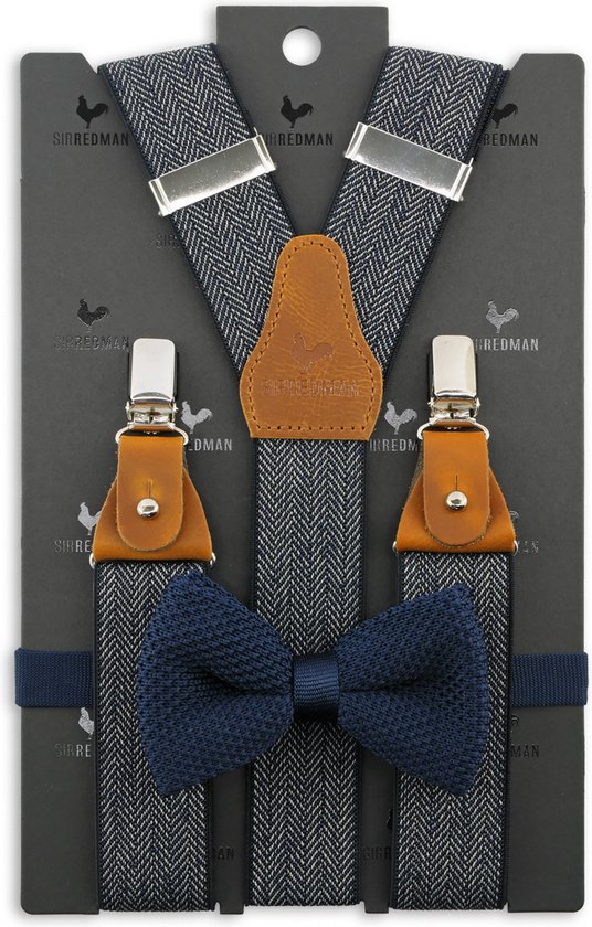 Sir Redman - Bretels met strik - bretels combi pack Visgraat motief blauw - blauw / wit
