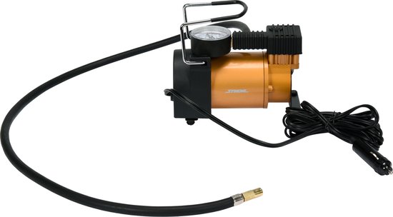 Oranje en zwarte STHOR auto compressor met drukmeter en slang.