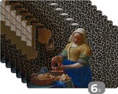 Placemat - Placemats kunststof - Melkmeisje - Kunst - Panterprint - Vermeer - Schilderij - Oude meesters - 45x30 cm - 6 stuks - Hittebestendig - Anti-Slip - Onderlegger - Afneembaar