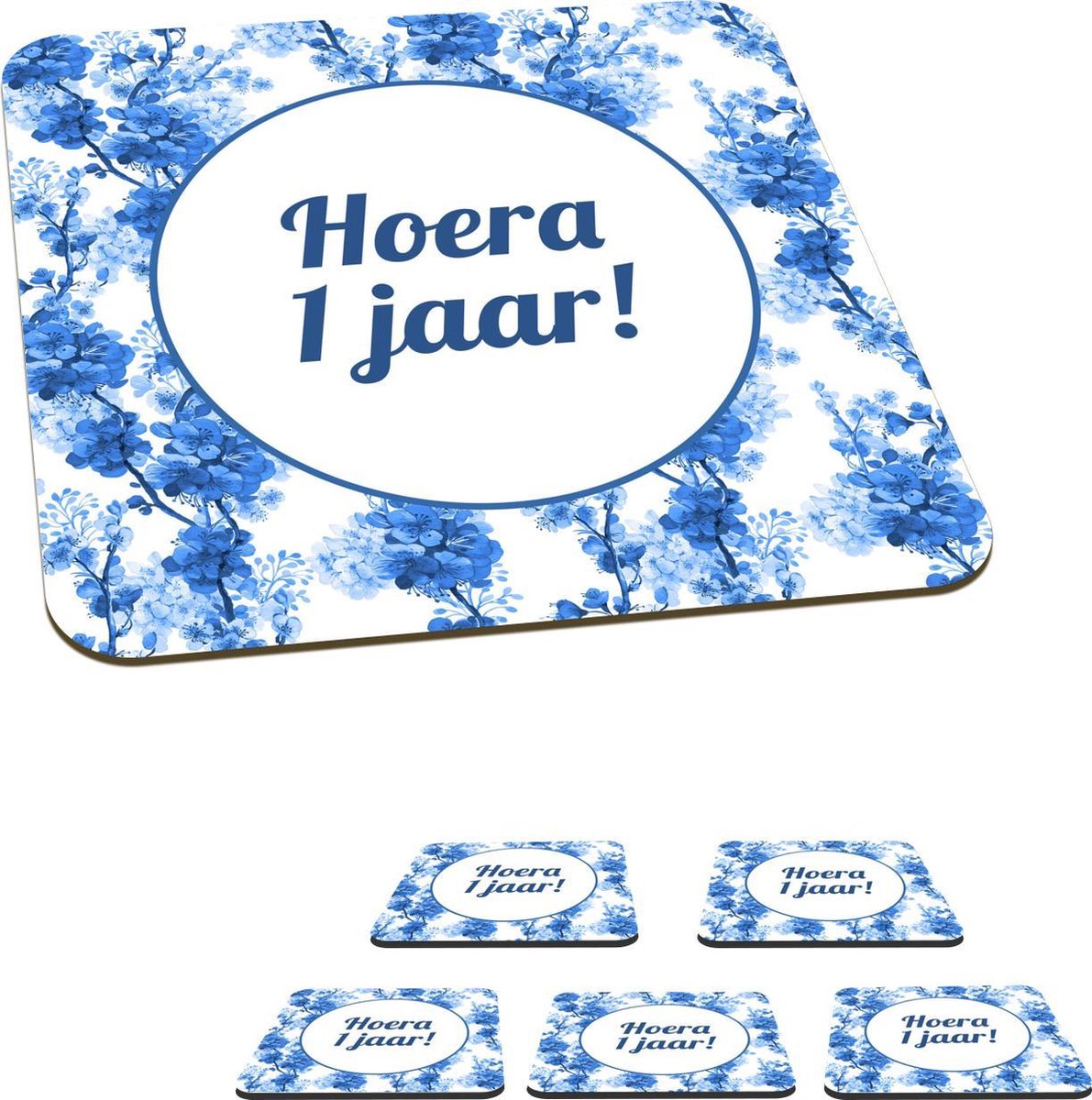 Onderzetters voor glazen - Jubileum - 1 Jaar - Bloem - 10x10 cm - Glasonderzetters - 6 stuks