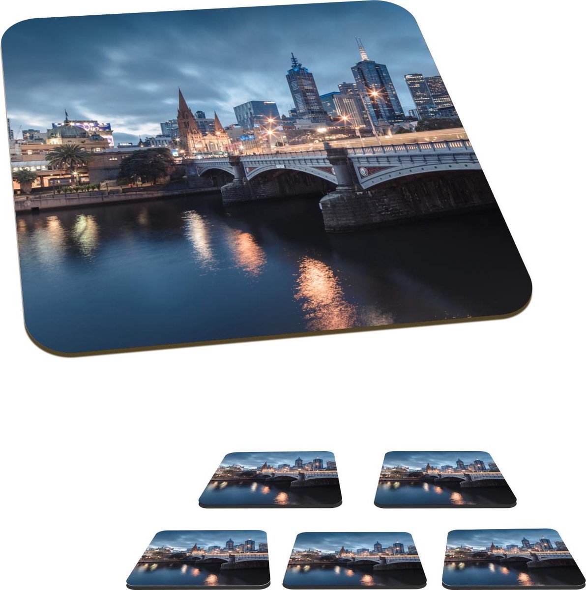 Onderzetters voor glazen - Australië - Melbourne - Skyline - 10x10 cm - Glasonderzetters - 6 stuks