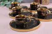 Marmerlook espresso / Turkse koffie kopjes 6 persoons, 12-delige (zwart-goud mat)