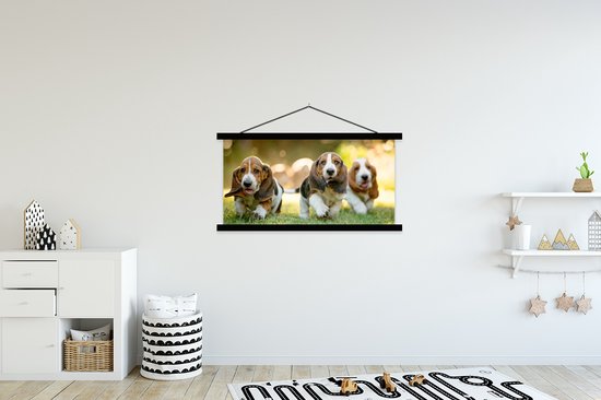 Affiche scolaire - Chiots qui courent dans l'herbe - 150x75 cm - Lattes noires