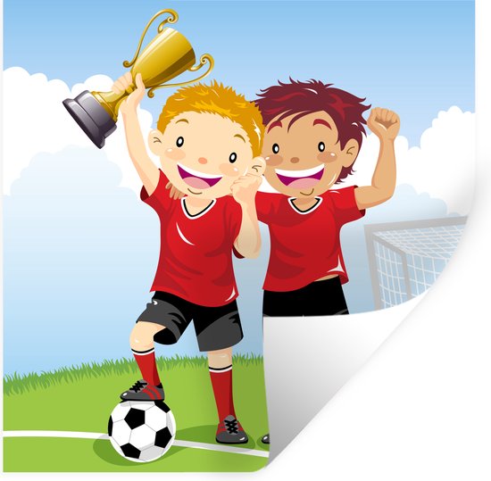 Muurstickers - Sticker Folie - Een illustratie van twee voetballers die een prijs hebben gewonnen - Jongens - Meisjes - Kind - 120x120 cm - Plakfolie - Muurstickers Kinderkamer - Zelfklevend Behang XXL - Zelfklevend behangpapier - Stickerfolie