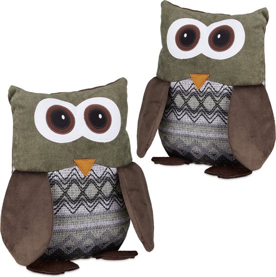 2 x deurstopper uil - deurstop dier - kinderen - van textiel - groot - zand