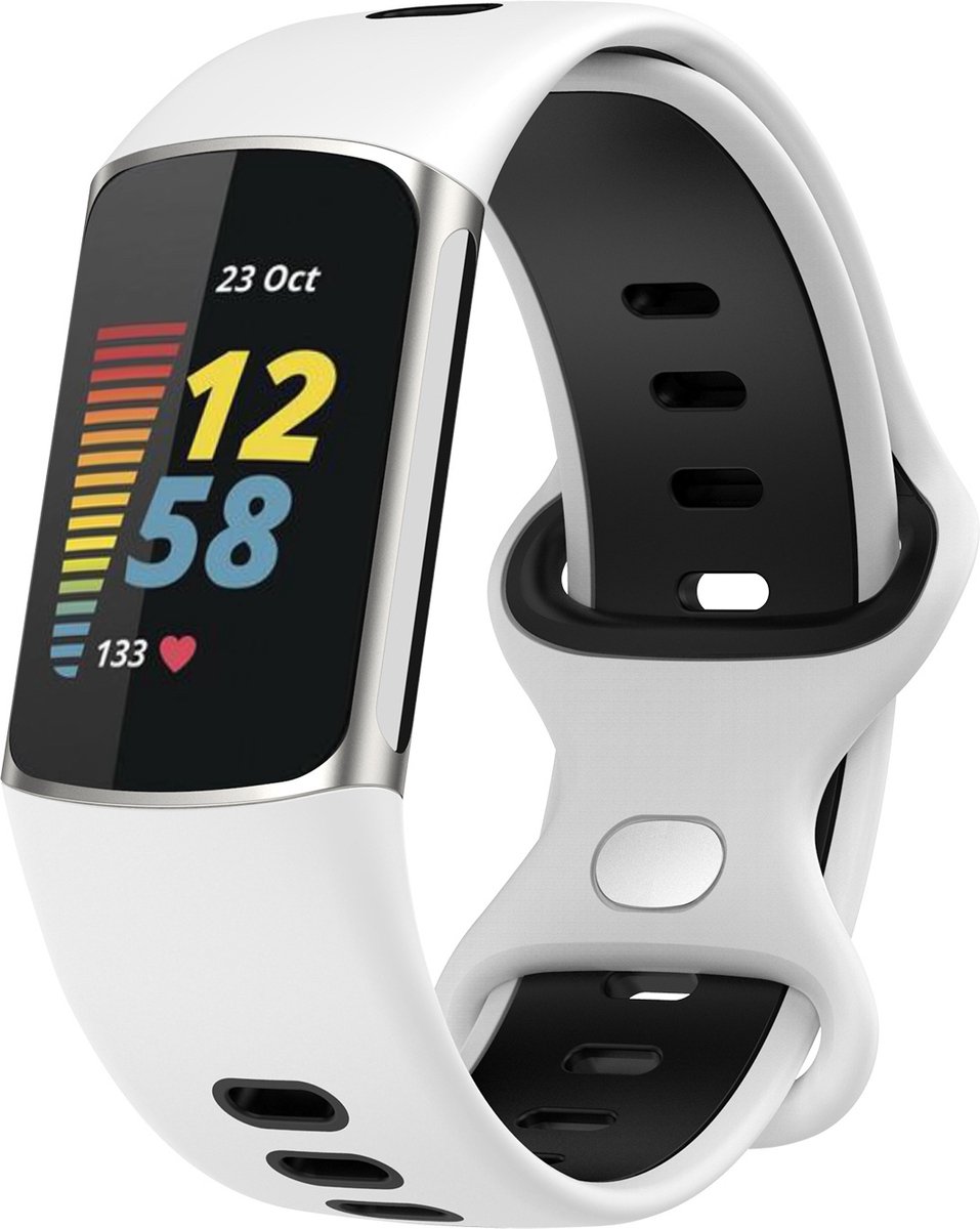 123watches dubbel sport band - wit zwart - - Geschikt voor Fitbit Charge 5 & 6