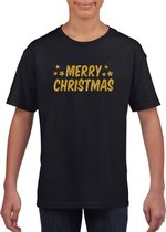 Merry Christmas Kerst t-shirt - zwart met gouden glitter bedrukking - kinderen - Kerstkleding / Kerst outfit L (140-152)