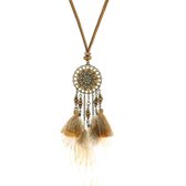 Lange dreamcatcher touw ketting Boho stijl met bruine veren en kraaltjes