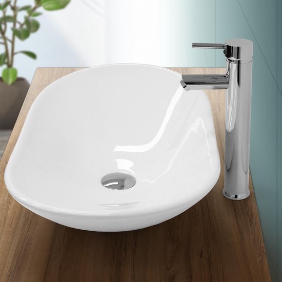 Lavabo de salle de bain avec mitigeur Céramique Ovale Blanc 2