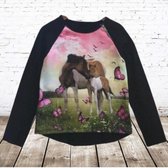 Shirt met paard en veulen zwart roze -s&C-98/104-Longsleeves meisjes