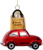 Glazen kerst decoratie rode auto met gouden tas H9cm