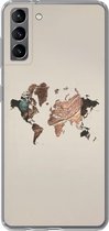 Telefoonhoesje Geschikt voor Samsung Galaxy S21 Plus hoesje - Wereldkaart - Hout - Bruin - Siliconen Telefoonhoesje