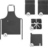 EM Kitchen Keukentextiel Set – Donkergrijs - 13-delig – 4 Theedoeken + 4 Keukendoeken + 2 Vaatdoeken + 2 Pannenlappen + 1 Keukenschort