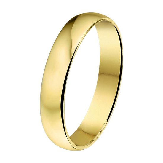 Gladde trouwring van 4 mm breed in 14-karaats geelgoud met een gepolijste afwerking.