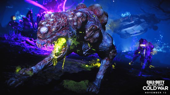 Een monster met rode huid en geel gif spuugt. Neon paars en blauw, met 'Call of Duty: Black Ops Cold War'.