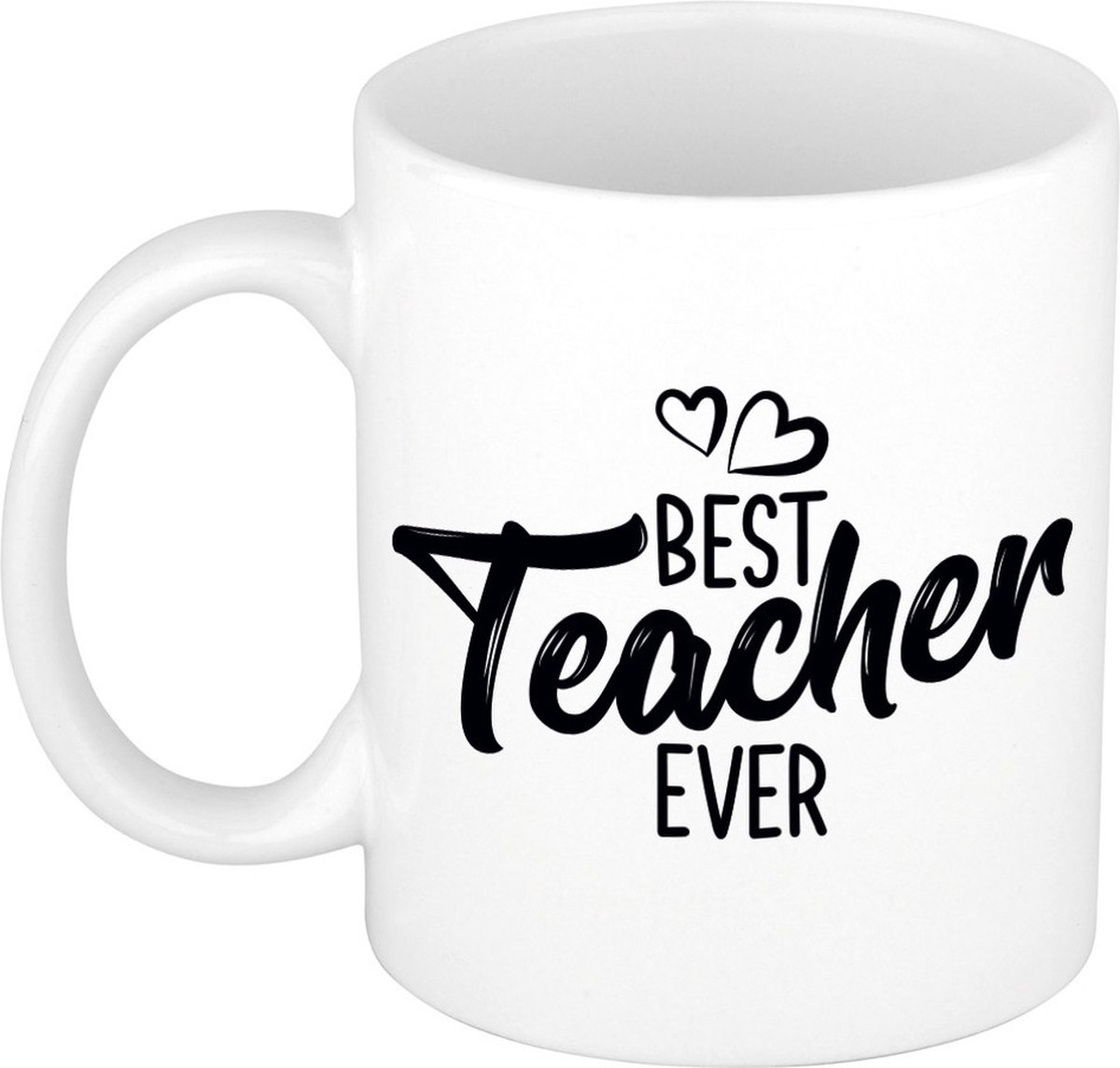 Best teacher ever mok / beker wit met hartjes - 300 ml - cadeau juf / meester / leraar / lerares