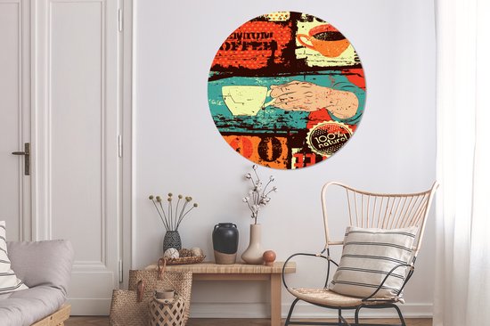 Café Vintage avec des images colorées Sticker mural cercle mural - ⌀ 120 cm - peinture ronde - cercle papier peint - cercle mural - cercle vivant - autocollant et découpe ronde