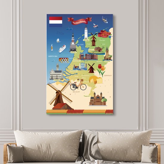 Carte des Nederland avec des vues 120x180 cm - Tirage photo sur Toile (Décoration murale salon / chambre) XXL / Groot format!