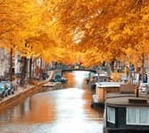 Woonboten op beroemde grachten in herfstig Amsterdam - Fotobehang (in banen) - 350 x 260 cm