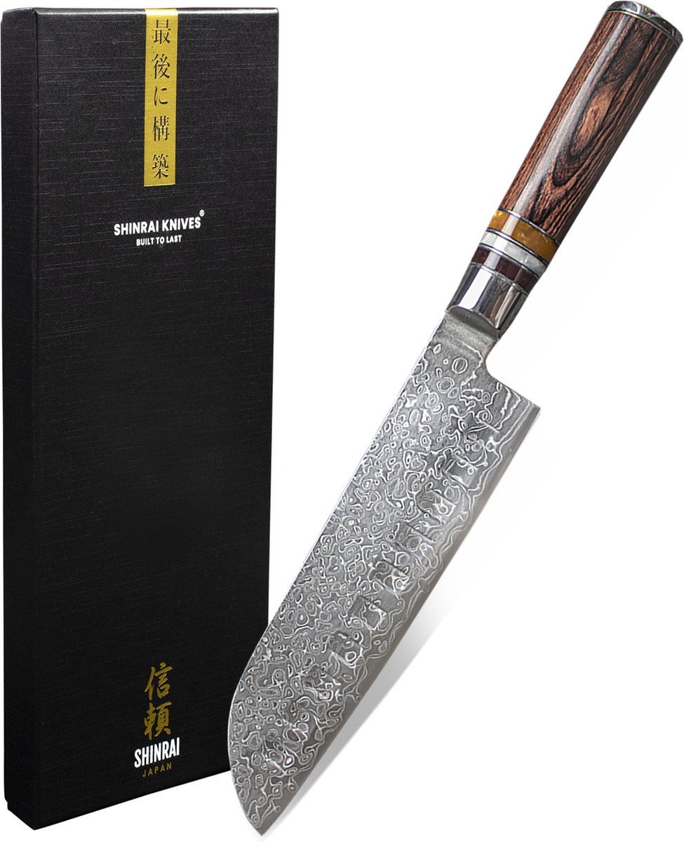 Shinrai Knives - Santokumes 18 cm - Koksmes - Damascus Mes - Micarta Jewels - Met Luxe Geschenkdoos - Keukenmes - Japans Koksmes