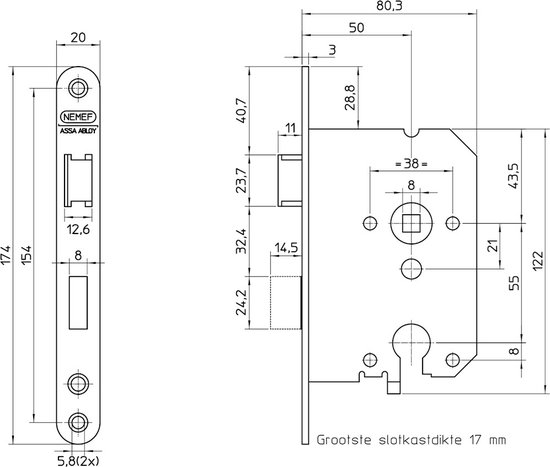 Technische tekening van een Nemef cilinderslot met afmetingen en 'Grootste slotkastdikte 17 mm'.
