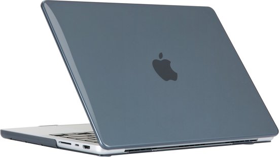 Housse MacBook Pro 14 pouces (2021-2026) noir brillant avec logo Apple, ouverte.