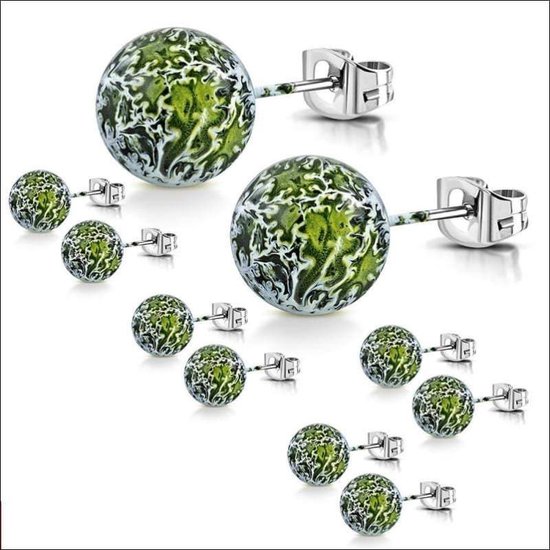 Aramat jewels ® - Bolletjes oorknoppen spetters groen wit zwart acryl staal 8mm