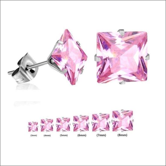 Aramat jewels ® - Zweerknopjes-oorstekers vierkant zirkonia staal roze 8mm