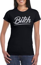 Bitch t-shirt zwart met zilveren glitter tekst dames - Glitter en Glamour zilver party kleding shirt XS