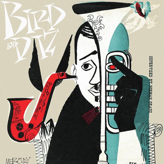 Pochette d'album abstraite avec un saxophone rouge et une trompette, titre 'Bird and Diz'.