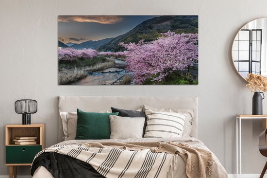 Toile Peinture Cerisier - Montagnes - Printemps - 160x80 cm - Décoration murale