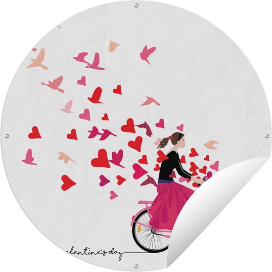 Tuincirkel Een illustratie van een vrouw op de fiets met een mand vol hartjes - 60x60 cm - Ronde Tuinposter - Buiten