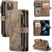 CaseMe - Telefoonhoesje geschikt voor iPhone 13 Mini - Wallet Book Case met ritssluiting - Magneetsluiting - Bruin