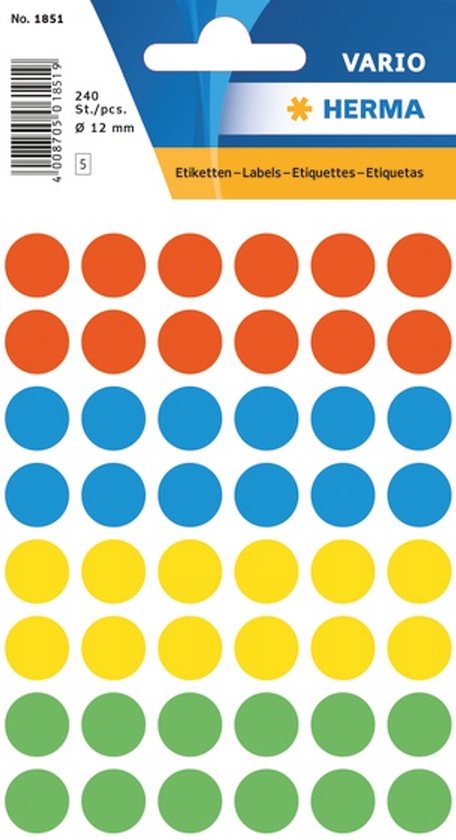 Verpakking met ronde, gekleurde etiketten in oranje, blauw, geel en groen