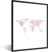 Fotolijst incl. Poster - Wereldkaart - Aquarelverf - Roze - 60x80 cm - Posterlijst
