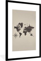Fotolijst incl. Poster - Wereldkaart - Hout - Kompas - 80x120 cm - Posterlijst