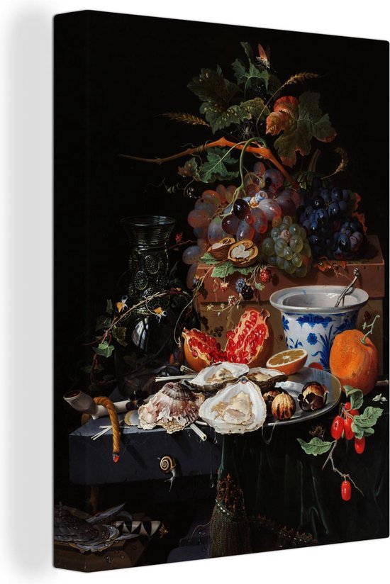 Canvas Schilderij Stilleven met vruchten oesters en een porseleinen kom - Abraham Mignon - Kunstwerk - Oude meesters - 90x120 cm - Wanddecoratie