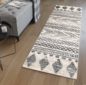 Tapiso Ethno Tapijtloper Creme Grijs Boho Woonkamer Slaapkamer Gang Franjes Maat- 70x300