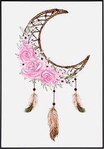 Poster met halve maan dromenvanger en roze bloemen en veren - 50x70 cm