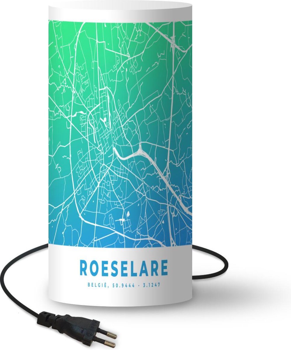 Lamp - Nachtlampje - Tafellamp slaapkamer - Stadskaart - Roeselare - Blauw - Groen - 54 cm hoog - Ø24.8 cm - Inclusief LED lamp - Plattegrond