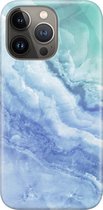 Apple iPhone 13 Pro Telefoonhoesje - Premium Hardcase Hoesje - Dun en stevig plastic - Met Marmerprint - Marmer - Lichtblauw